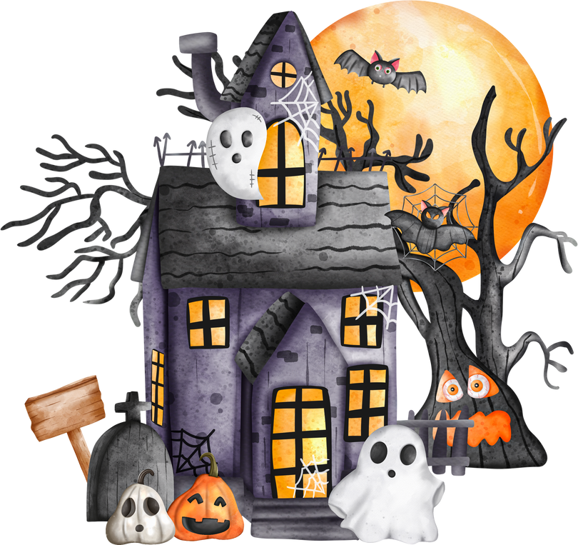 Haunted House with a full moon. Halloween Castle Watercolor. Ghost House Halloween.